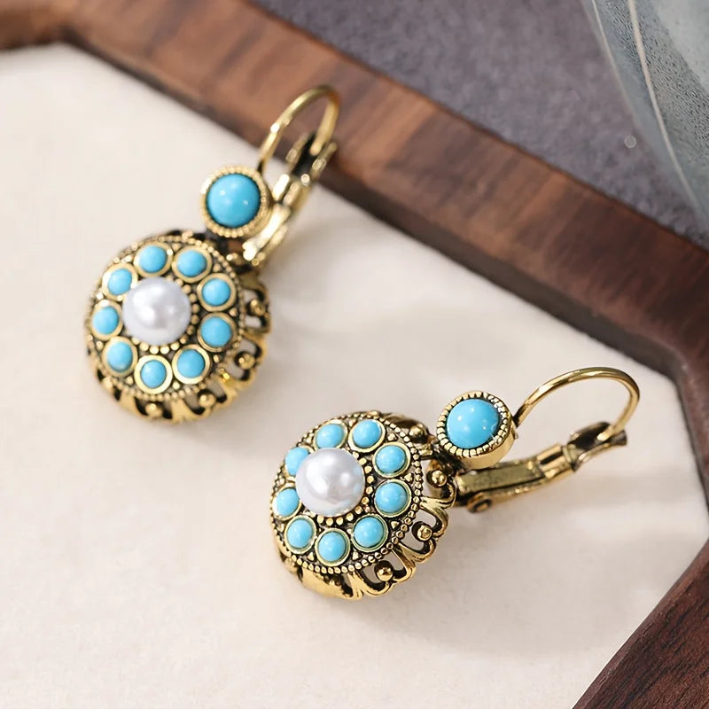 Vintage Turquoise & Pearl Medallion Earrings