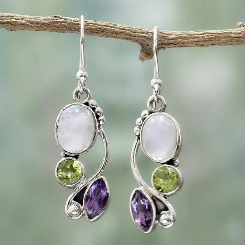 Elegant Moonstone Amethyst Peridot Cascade Earrings