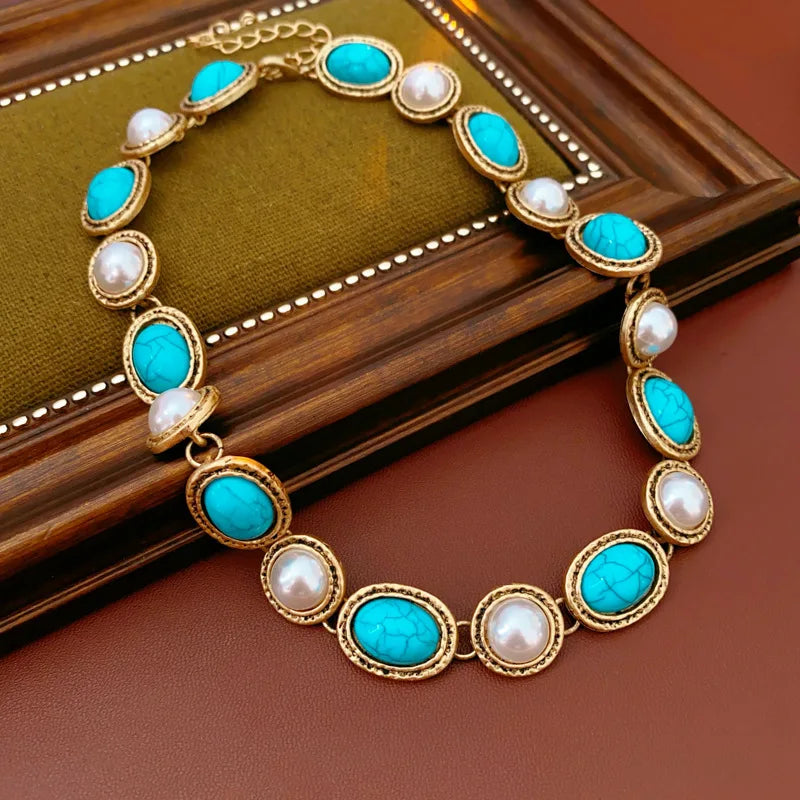 Turquoise & Pearl Antique Gold Statement Set