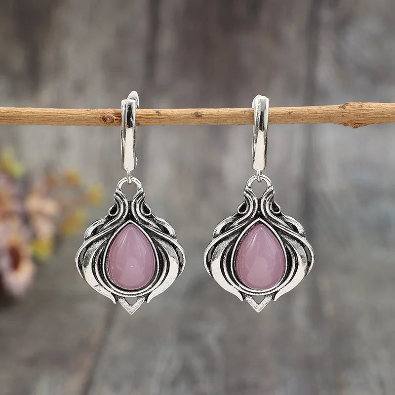 Vintage Victorian Style Water Droplet Inlaid with Pink Stones Earrings