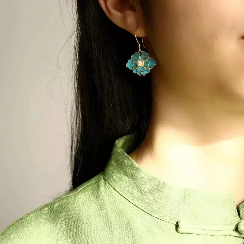Vintage Blue Enamel Flower Pearl Drop Earrings