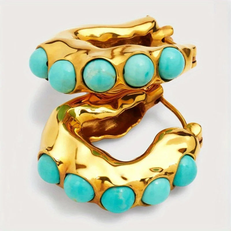 Bold Turquoise Stone Sculpted Hoop Earrings