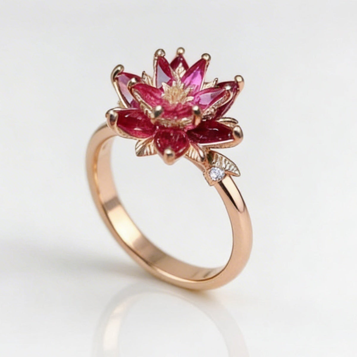 Vintage Handmade Red Cubic Zirconia Lotus Flower Ring