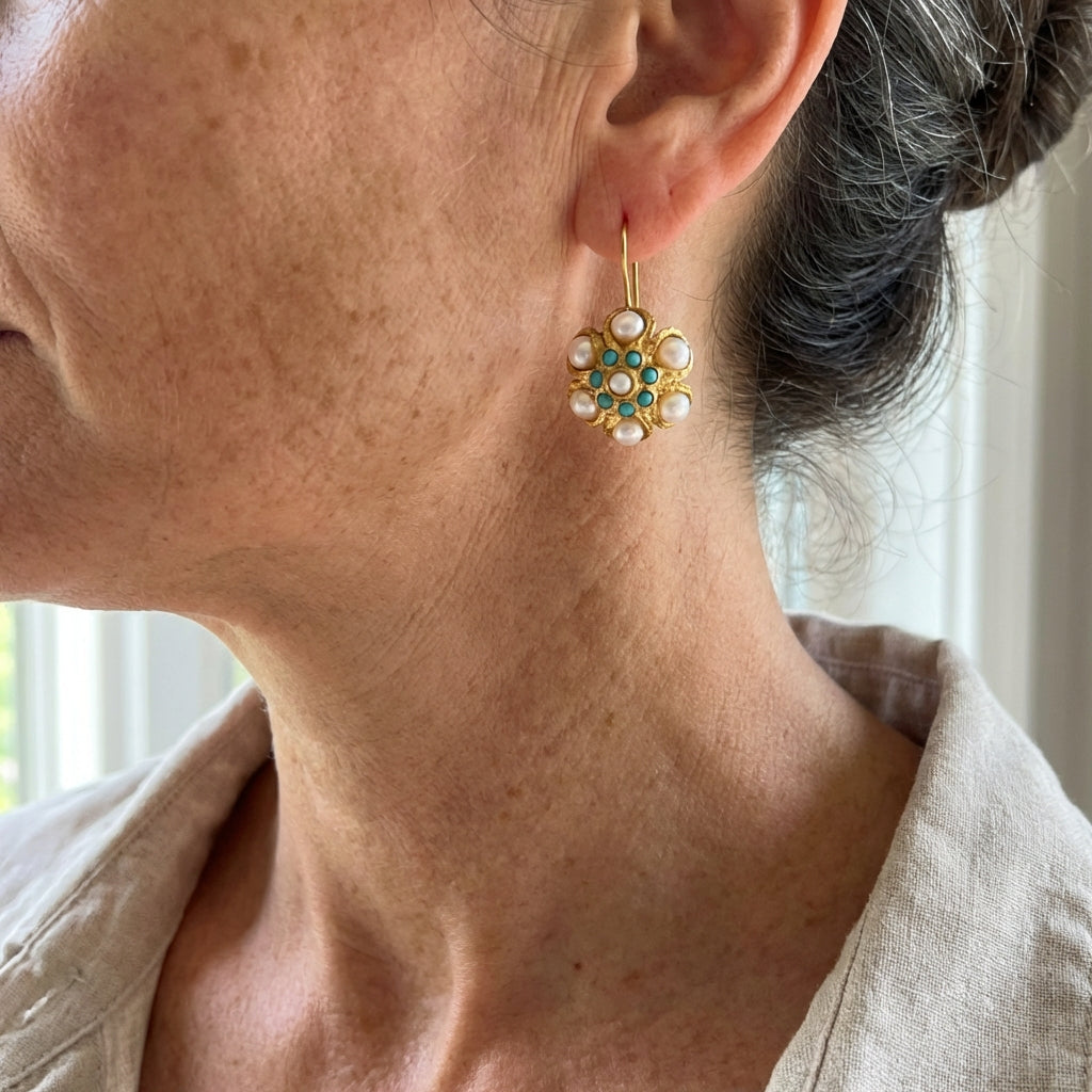 Vintage Turquoise & Pearl Medallion Earrings