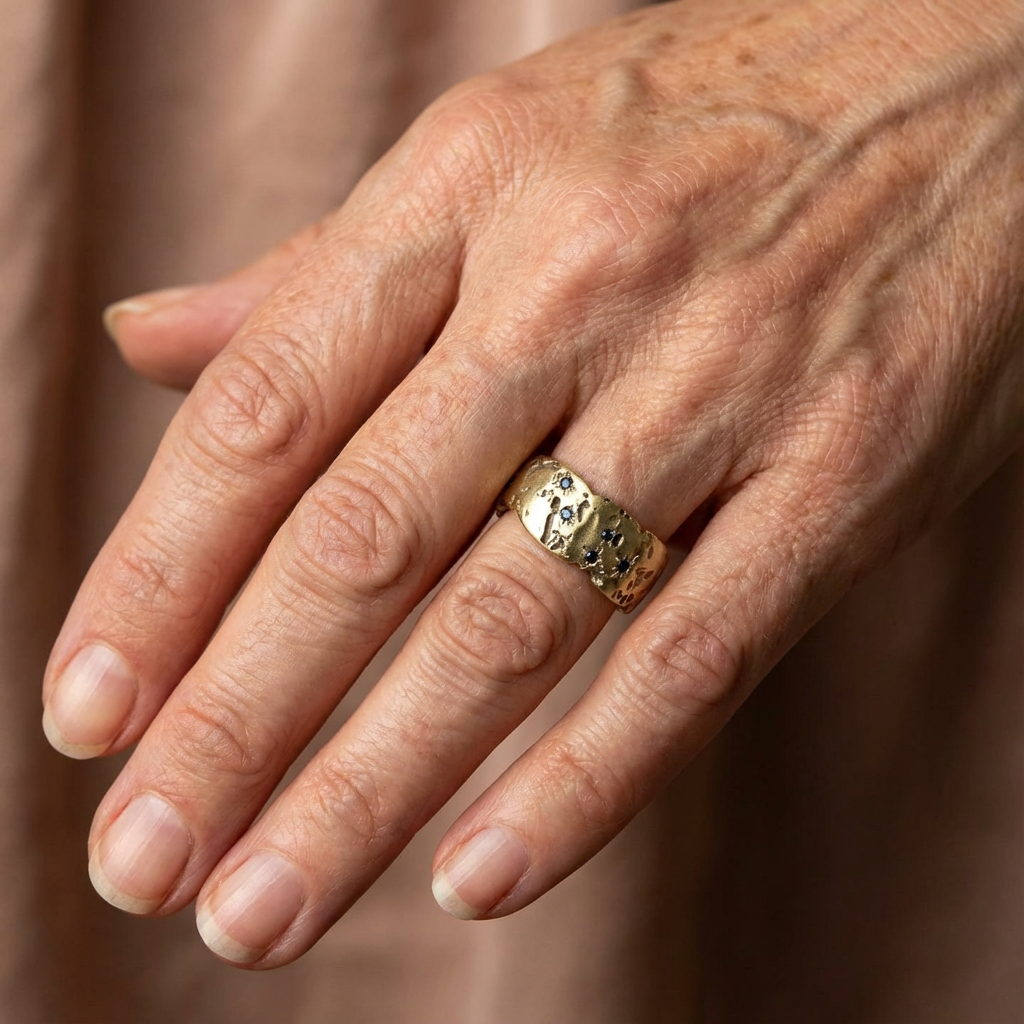 Vintage Golden Forged Ring with Blue Crystal Accents