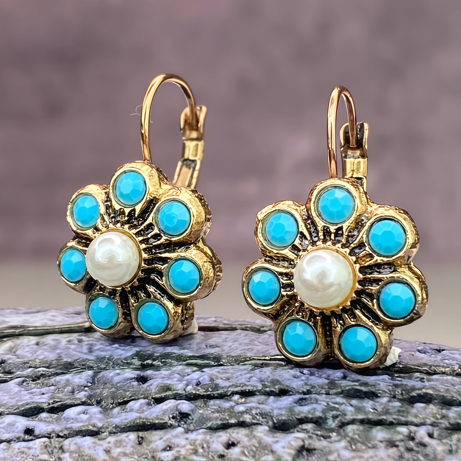 Vintage Style Turquoise And Pearls Flower Earrings