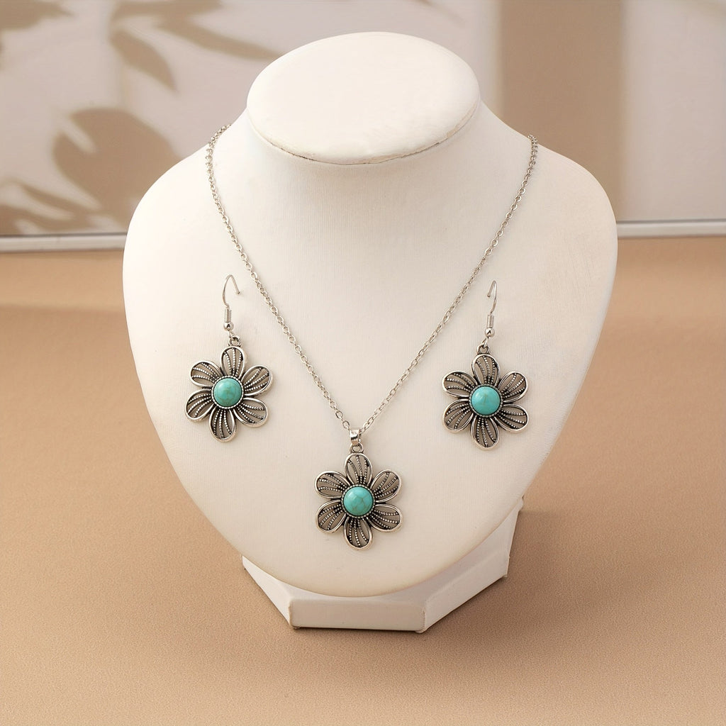 Vintage Boho Turquoise Flower Earrings Necklace Jewelry Set