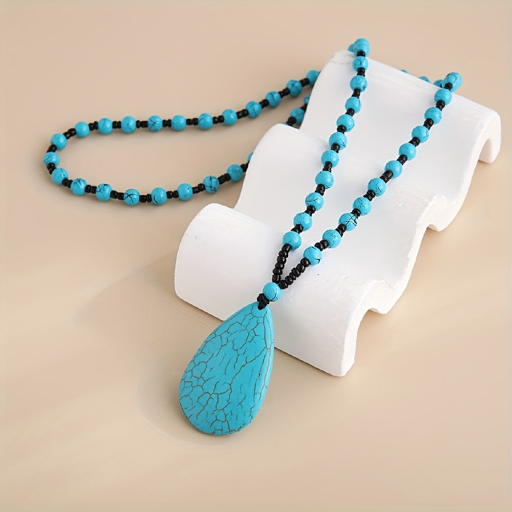 Bohemian Turquoise Beaded Large Teardrop Pendant Necklace