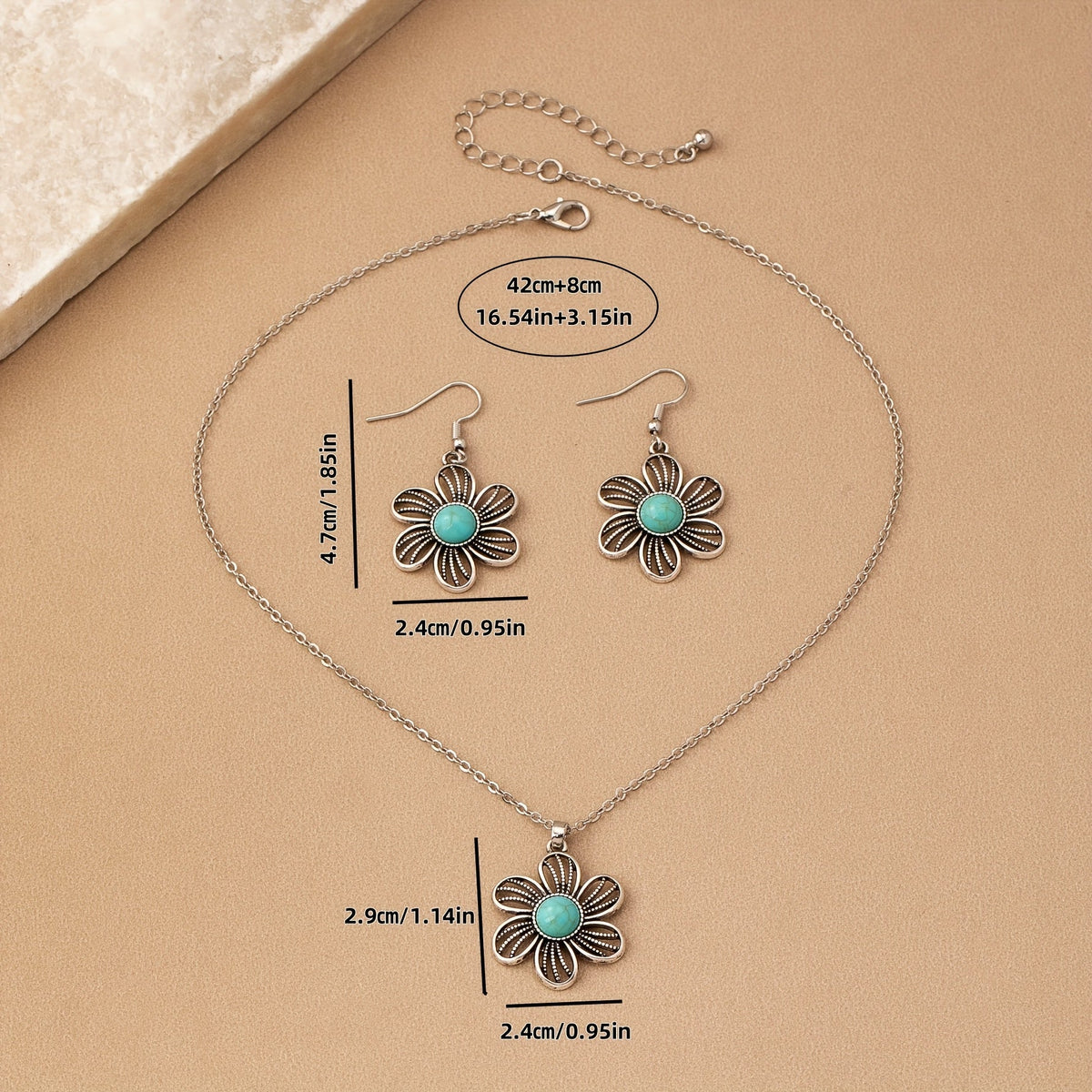Vintage Boho Turquoise Flower Earrings Necklace Jewelry Set