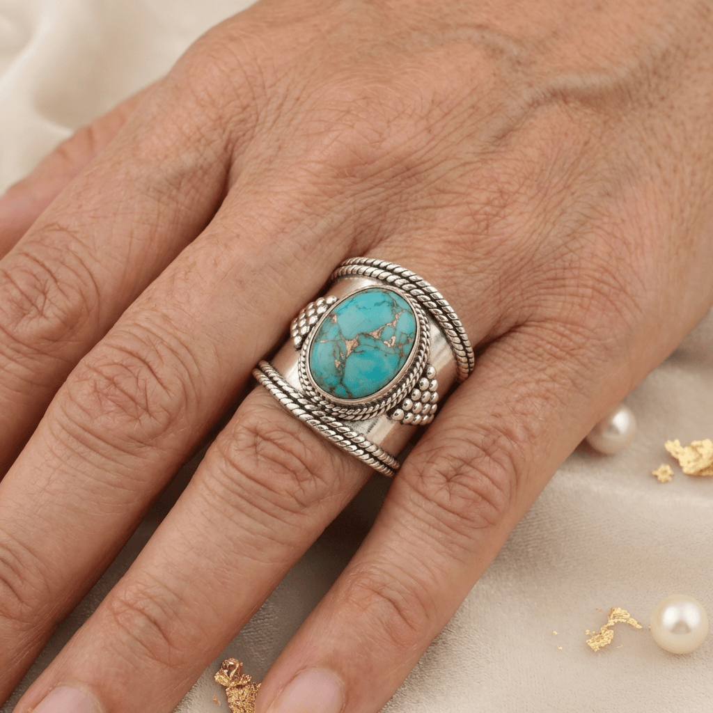 Bohemian Retro Style Wide Turquoise Silver Plated Ring