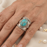 Bohemian Retro Style Wide Turquoise Silver Plated Ring