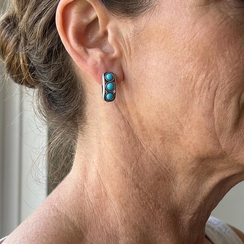 Vintage Silver Plated Turquoise Thick Hoop Earrings