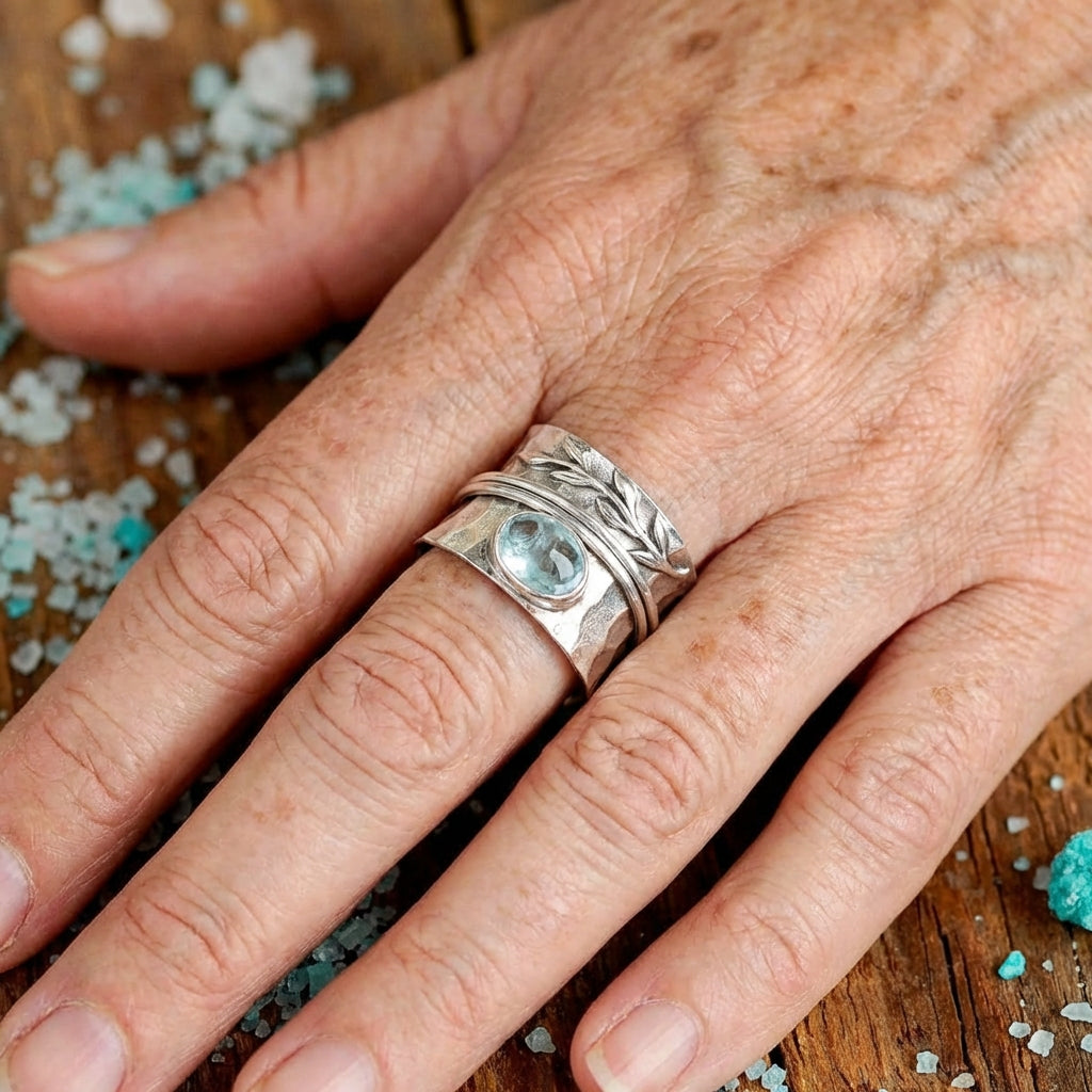 Elegant Rose Quartz Flowers and Butterfly Spinner Ring