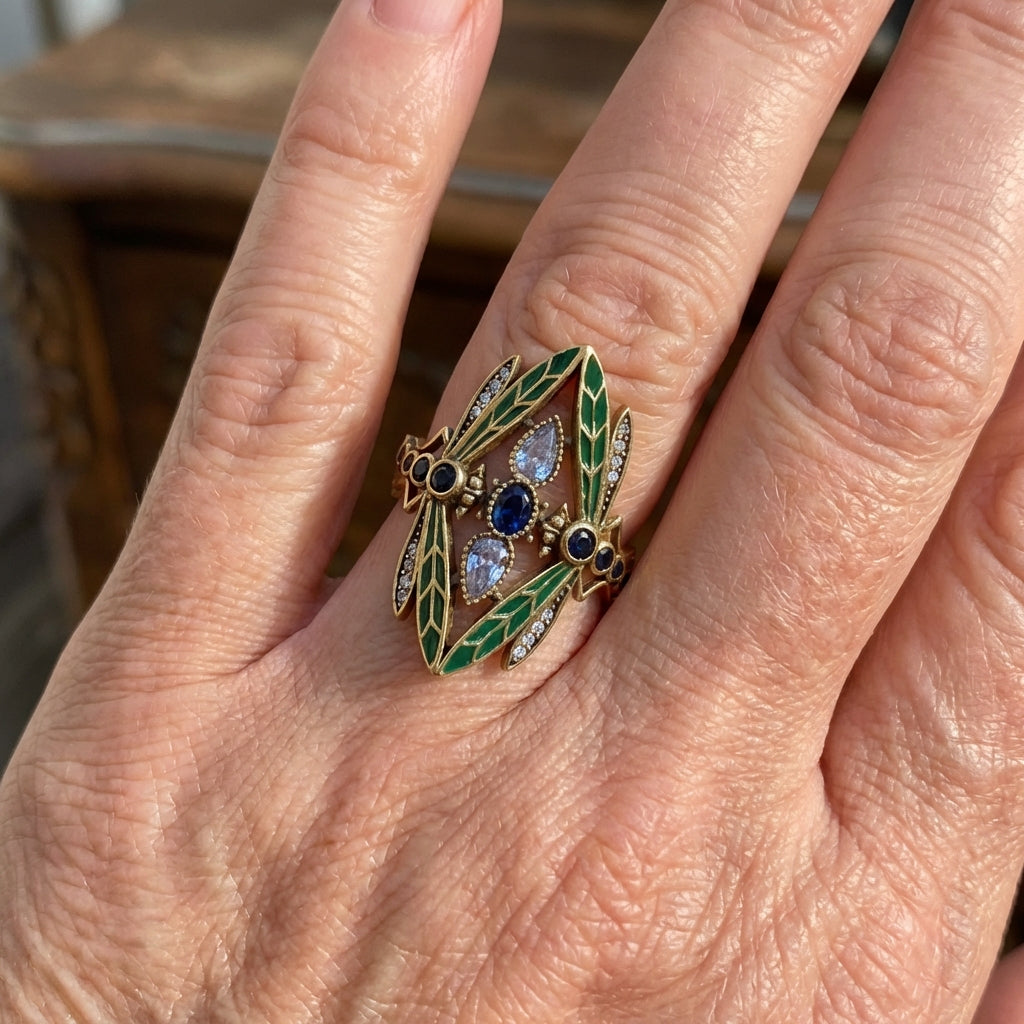 Bohemian Art Nouveau Dragon Fly Zirconia Gold Plated Ring