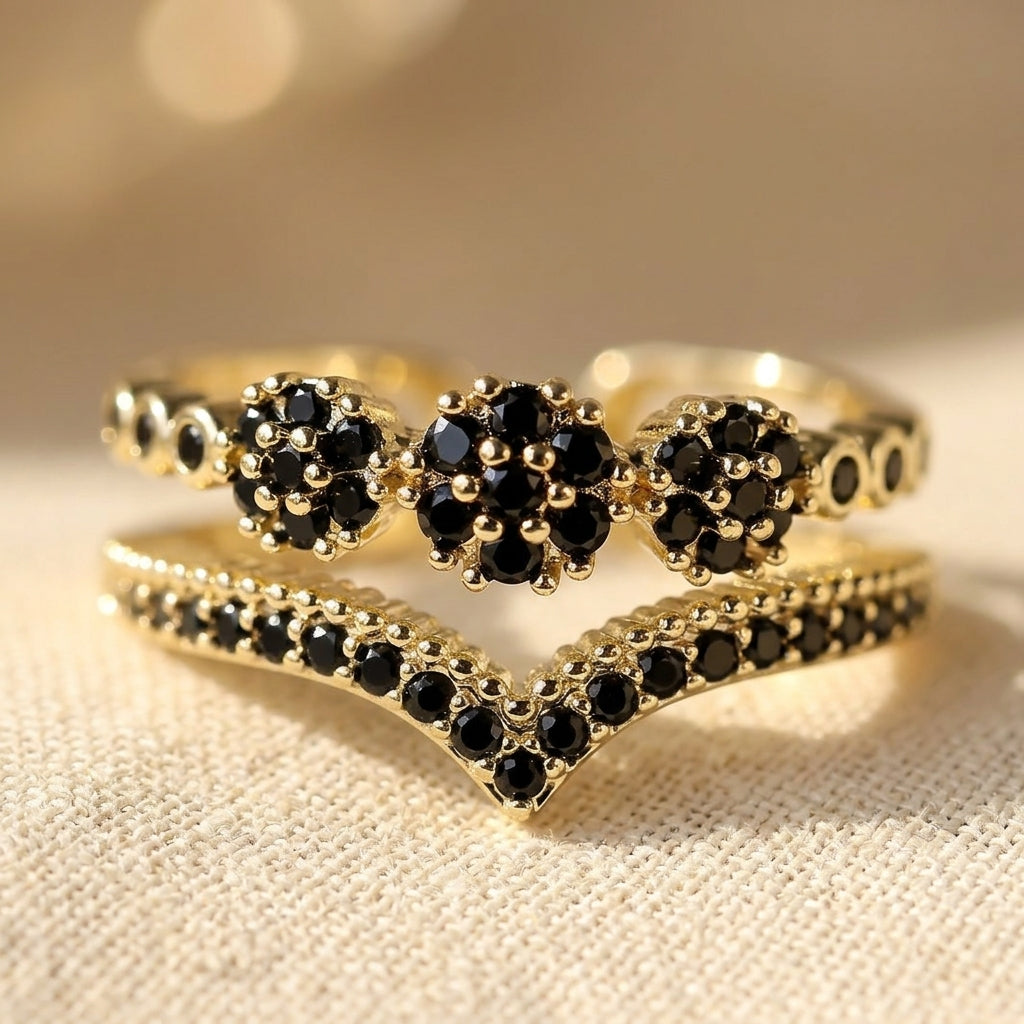Black Double Layer V Shaped Statement Ring