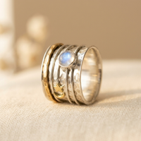 Star and Moon Moonstone Silver & Gold Artisan Ring