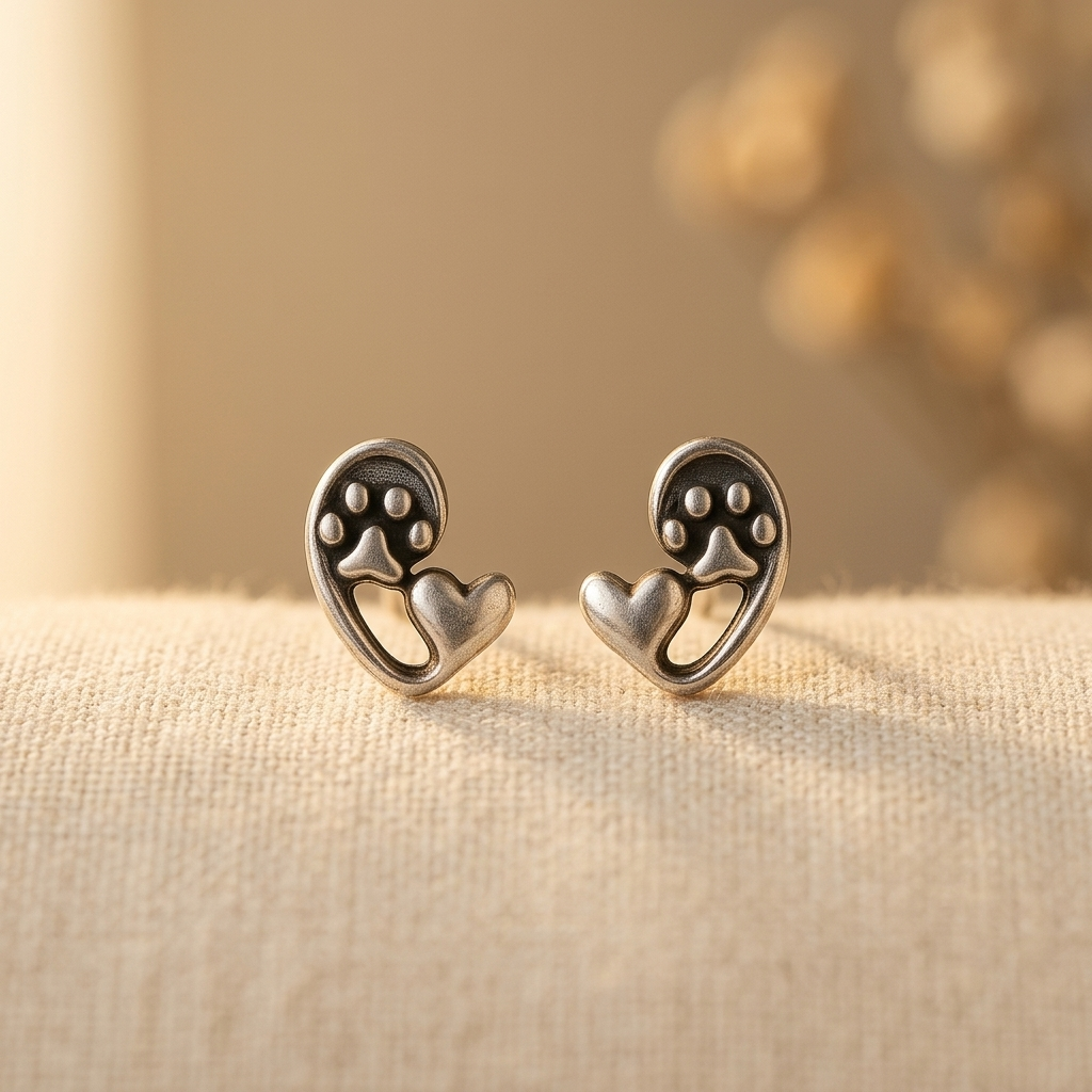 Vintage silver ring with paw print and heart motif