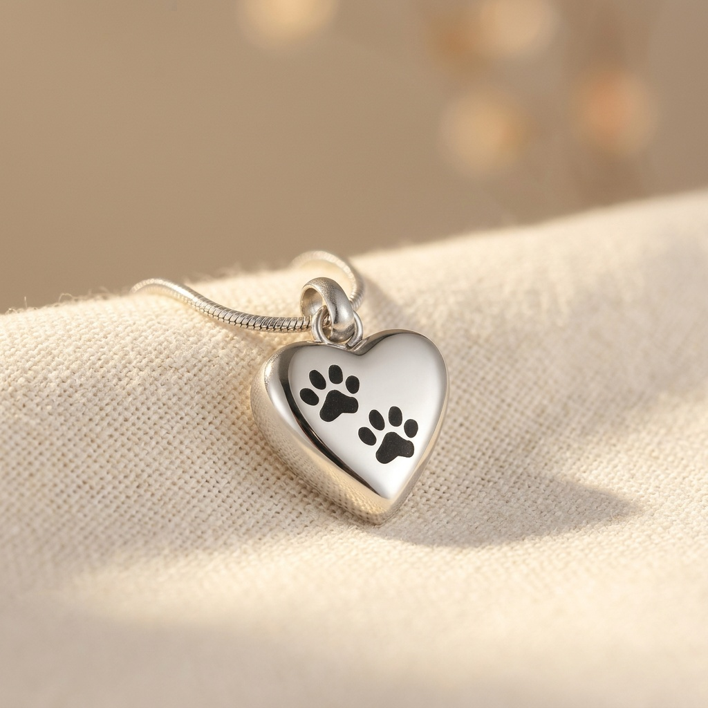 Necklace with pet memorial urn - Heart-shaped pendant with paw engraving
