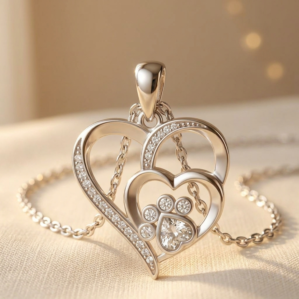 Sterling silver necklace with paw and heart with cubic zirconia