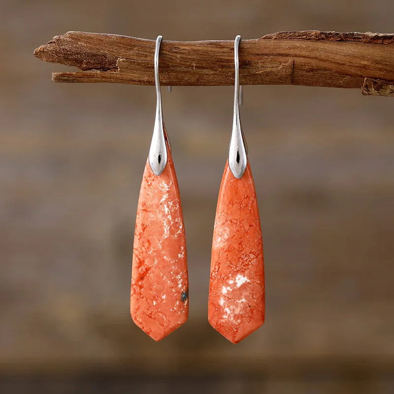 Natural Stone Autumn Blaze Triangle Jadeite Hook Earrings