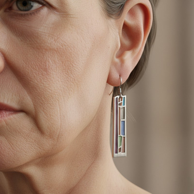 Vintage Silver Plated Geometric Colorful Dangle Earrings
